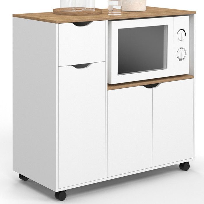 IDMARKET Desserte micro-onde de cuisine COSI XXL placards avec tiroir bois blanc et plateaux façon hêtre L.90 CM