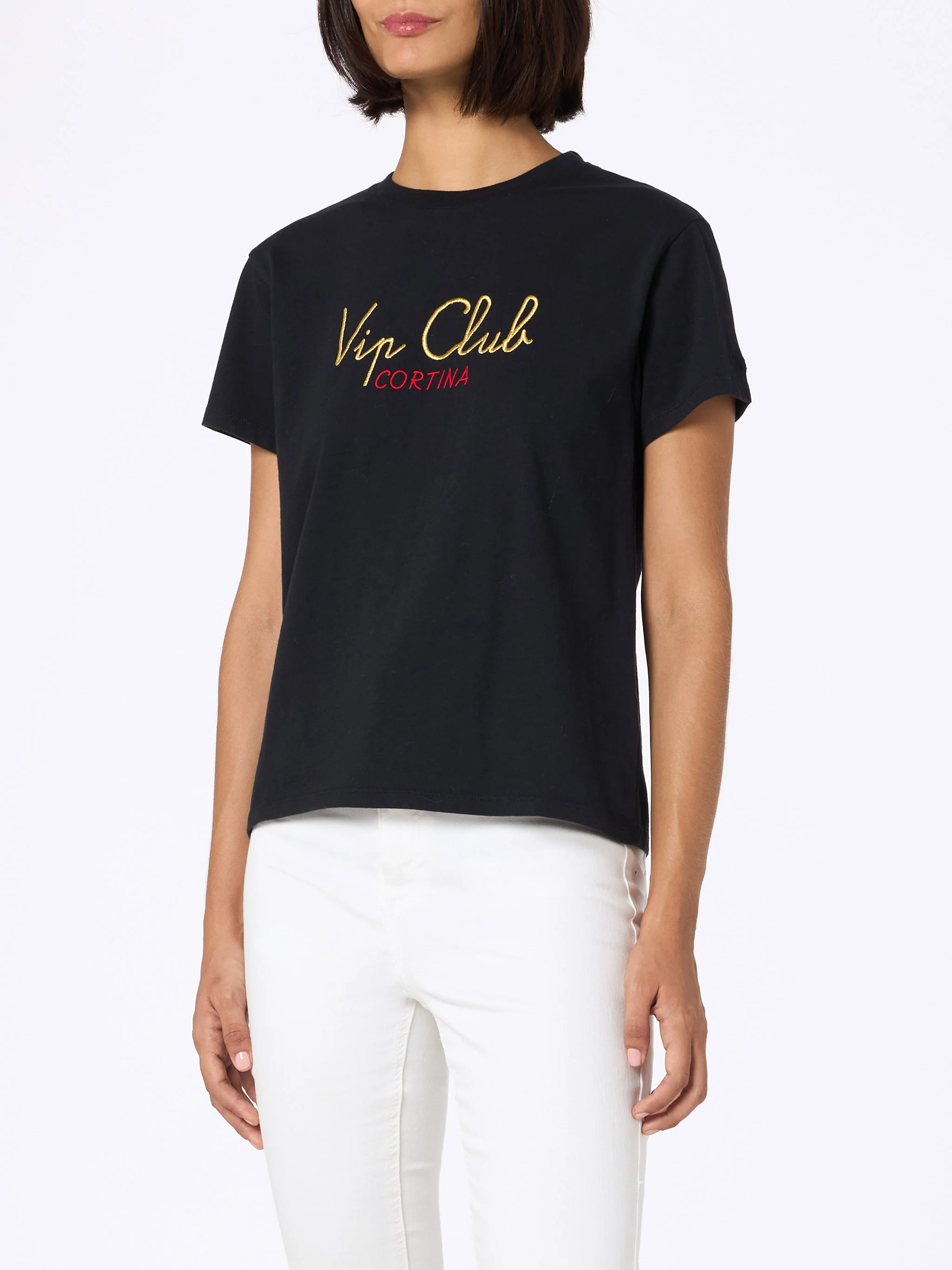 T-shirt nera da donna in cotone pesante Emilie con ricamo Vip Club Cor