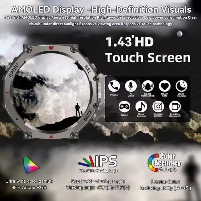 Montre Connectée Militaire Homme 2025, Appels Bluetooth, GPS, Boussole, Altimètre Barométrique, Étanche 10ATM