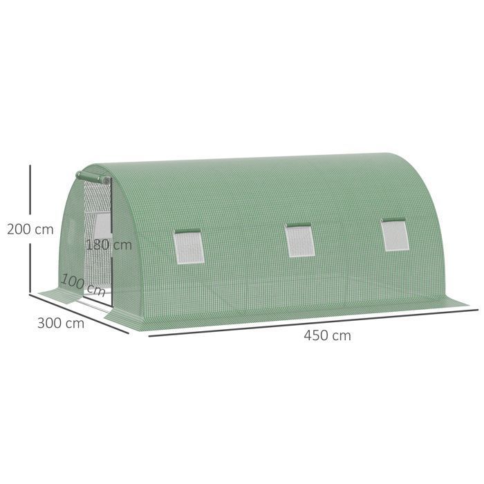 Outsunny tunnelväxthus - 13,5 m² - 6 fönster med blixtlåsdörr - galvaniserad stålram, PE-överdrag - 4,5 x 3 x 2 m grön