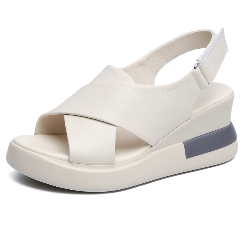 Sandales compensées blanches et noires en cuir véritable pour femmes, à talons hauts et plateforme, chaussures décontractées d'été 2021