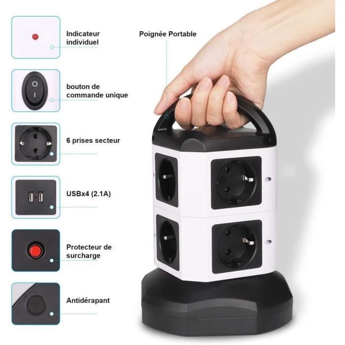 Tower Power Strip with 6 Outlets and 4 USB Ports, 2m Cable, 2500W/10A Surge Protector Power Strip for Office, Switch