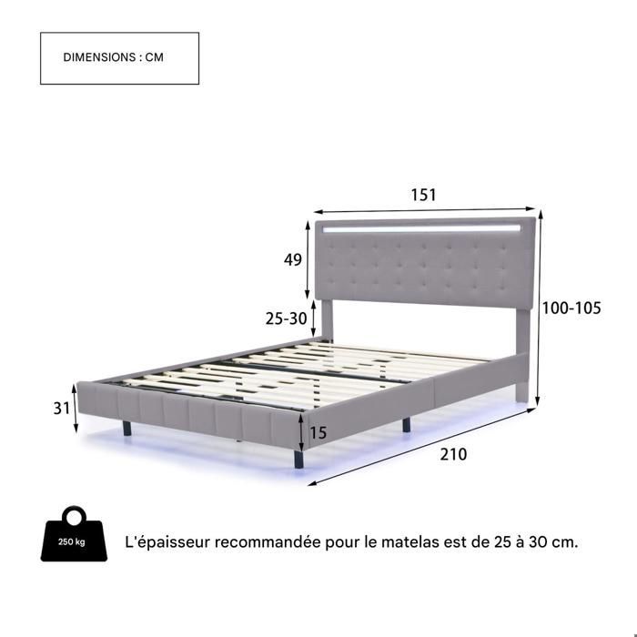 Tweepersoonsbed 140x190 cm - SUNFECILI - Grijs - Met LED-verlichting en USB-aansluiting - Linnen bekleding - Montage vereist