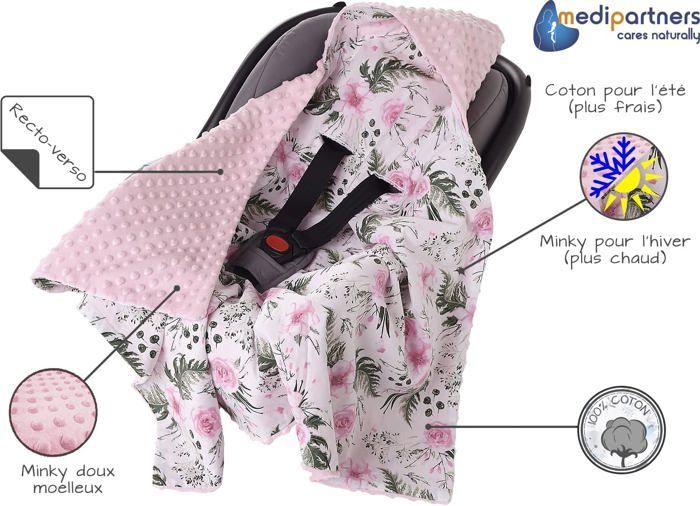 Funda para asiento de coche 100% algodón, 85x85cm, manta acogedora para cochecito (rosa claro con flores y tejido minky rosa claro).