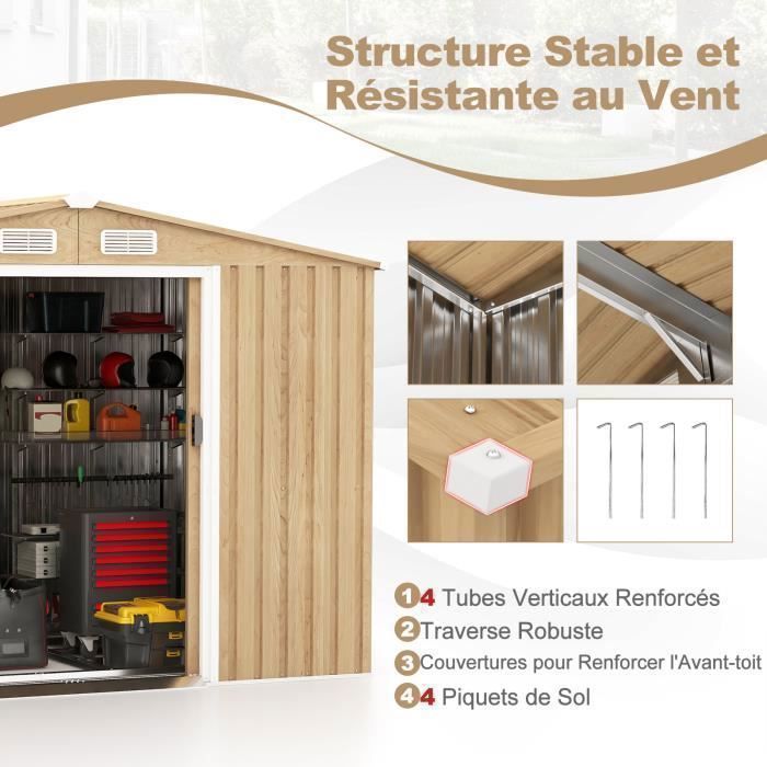 Caseta de jardín metálica galvanizada COSTWAY de 2,78 m² (196 x 142 x 186 cm) - Puertas correderas, pasamanos - 4 rejillas de ventilación - Color imitación madera