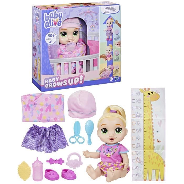 Baby Alive Baby Grows Up LaLa GooGoo, interactieve poppenset met meer dan 75 geluiden en zinnetjes, geschikt voor kinderen vanaf 3 jaar.
