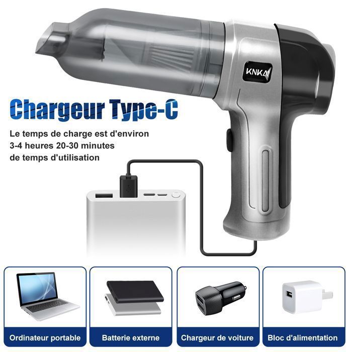 Aspirateur à Main - KNKA - 9000Pa - Sans Fil Rechargeable - 3 Filtres HEPA - 6 Buses Interchangeables