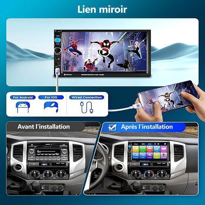 Autorradio 1 DIN, pantalla de 7 pulgadas, compatible con CarPlay por cable, Android Auto, Bluetooth, WiFi, GPS, FM, USB, controles en el volante, cámara de visión trasera.