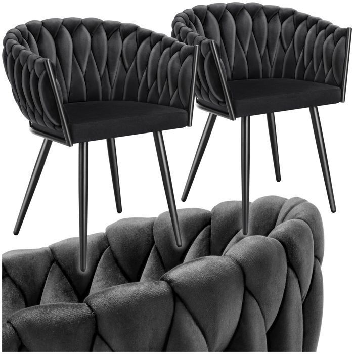 Chaises - TECTAKE - Lot de 2 fauteuils de salle à manger ASTANO en velours design noué avec pieds fin en acier - Noir