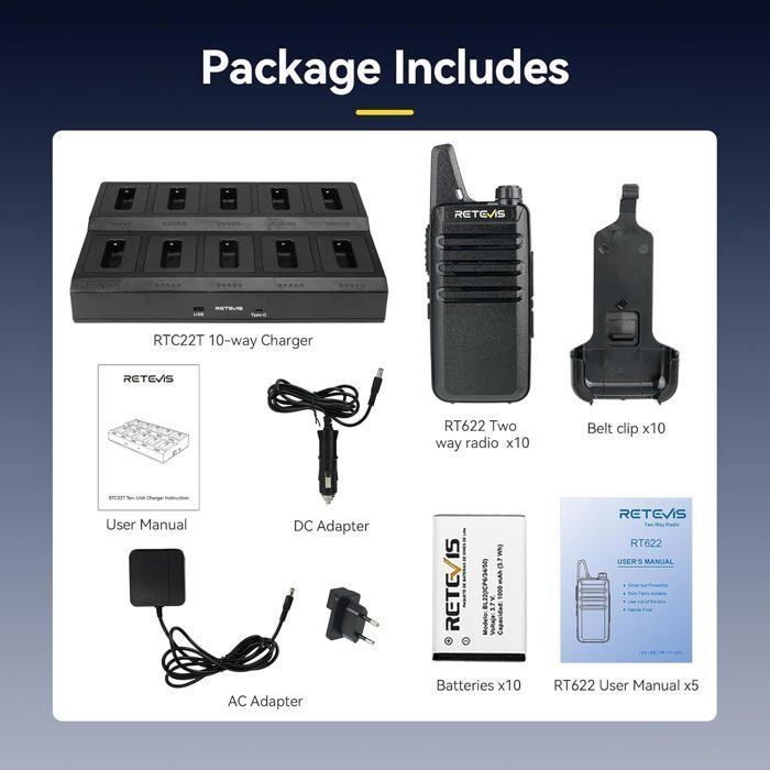 Walkie Talkie profesional Retevis RT622 con cargador, PMR446, ranura extraíble, carga eficiente, para escuelas y hoteles (10 unidades)