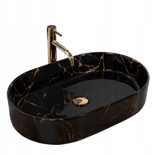 Umywalka Nablatowa Nadia Marble Shiny 60Cm Czarna Owalna Rea