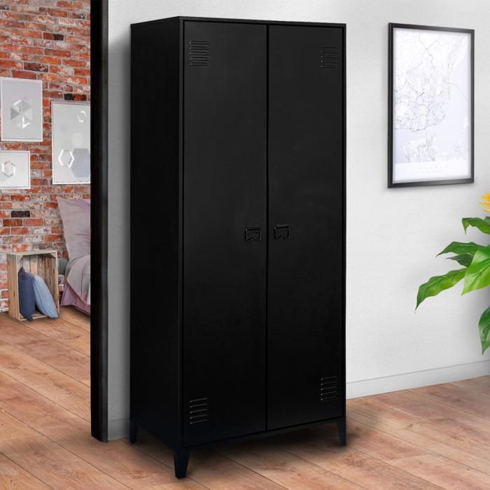 IDMARKET ESTER 2-Door Black Metal Industrial Design Wardrobe