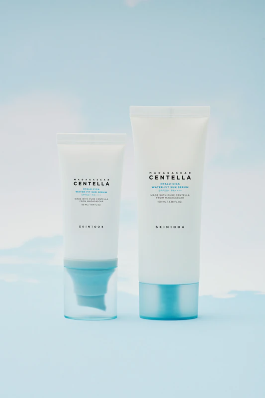 SKIN1004 Madagascar Centella Hyalu-Cica Water-Fit Sun Serum, sérum protetor solar com efeito hidratante.