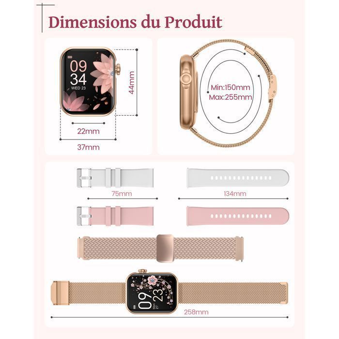 AIMIUVEI Montre Connectée Femme 1,83'' avec Appel Bluetooth/4 Bracelet/110+Modes Sportifs/Sommeil/Podometre/Fréquence/SpO2/IP68