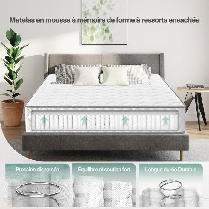 Matelas 140x190, Ép 28 cm, Matelas à Ressorts Ensachés et à Mémoire de Forme, Durable, Soutien Parfait, Respirant, Anti-Acariens