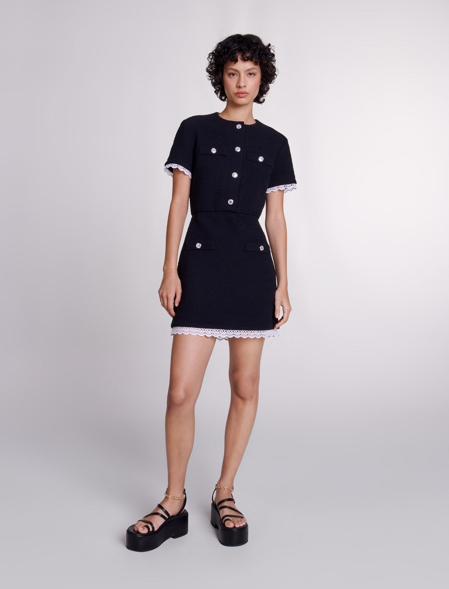 Rochie scurtă din tweed și cord - Negru