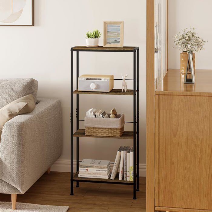 WOLTU Schmale 4-stufige Eckablage, für Küche und Wohnzimmer, MDF, Metallrahmen, Rustikales Braun + Schwarz, 50 x 20 x 110 cm