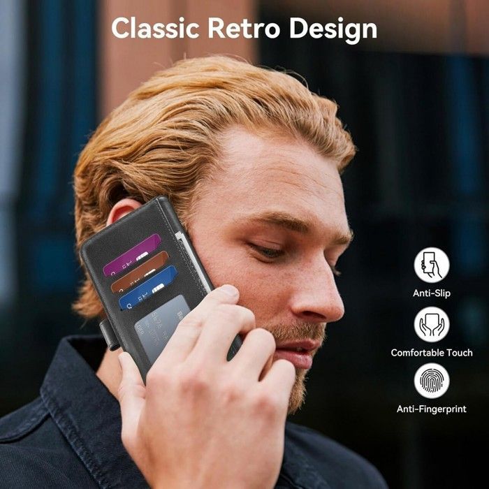 Wallet case - MASSILIA TECH - SAMSUNG GALAXY A16 - Matte black leather - 2 tempered glass screen protectors - Flexible