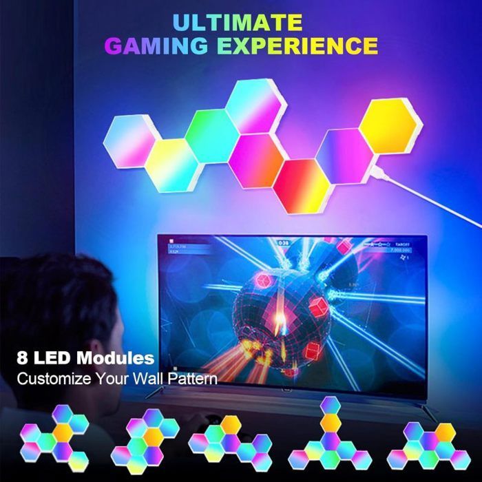 Lámpara de pared hexagonal, lámpara LED para videojuegos, RGB inteligente, 16 millones de colores, control por aplicación (8 unidades) Lámpara de pared hexagonal múltiple