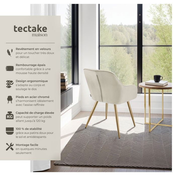 Chaises - TECTAKE - Lot de 6 fauteuils de salle à manger MARYLIN aspect velours et matelassé avec pieds en acier doré - Crème/Or