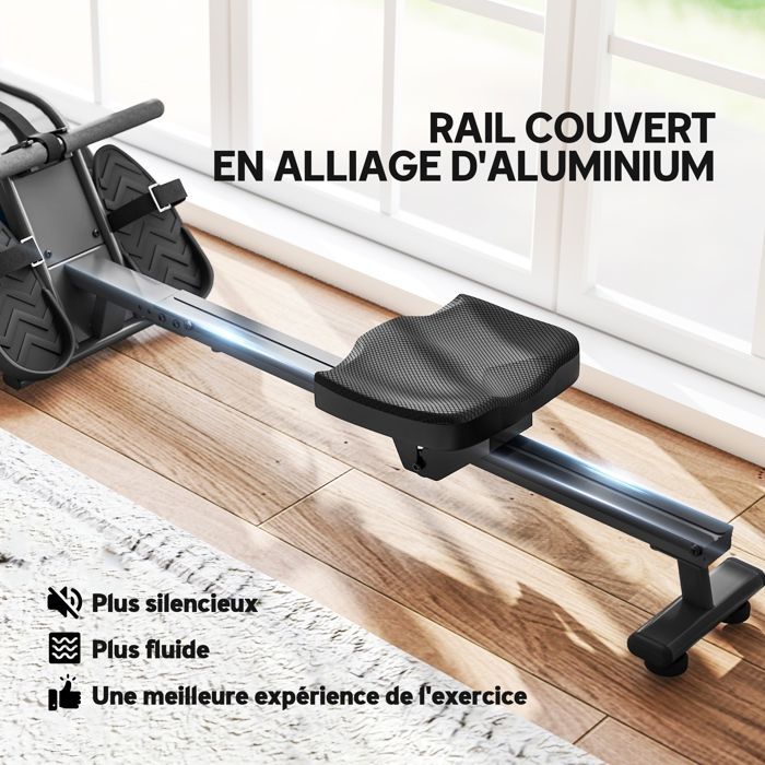 Rameur à eau - SPORTNOW - 6 niveaux de résistance - écran LCD, rangement vertical, avec roulettes - acier - 180 x 52 x 76cm - noir