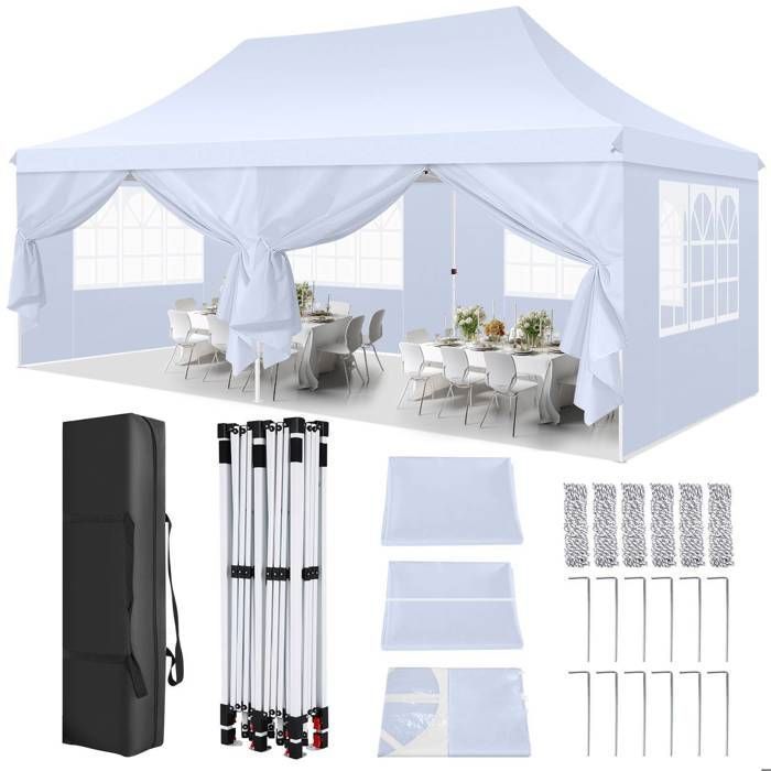 Cenador plegable de 3x6 m, carpa de jardín impermeable para exteriores, carpa para fiestas con 6 paneles laterales, protección UV 50+, color blanco.