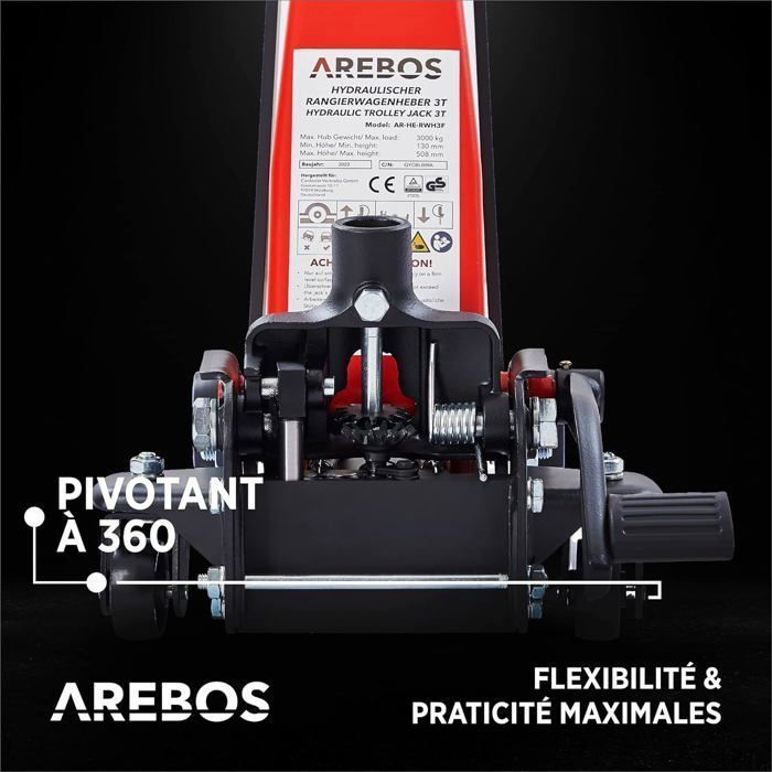 Gato hidráulico AREBOS 3T | Altura de empotramiento 130-508 mm | 2 soportes de goma | Gato giratorio 360° con ruedas