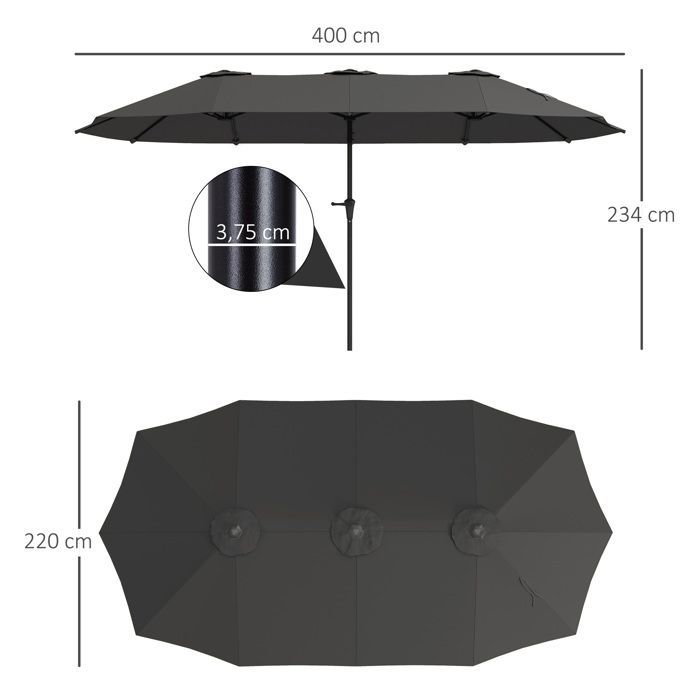 Parasol de jardin double - Outsunny - 4 x 2,2 x 2,3 m - rectangulaire - ouverture fermeture manivelle - toile 180 g/m² - gris foncé