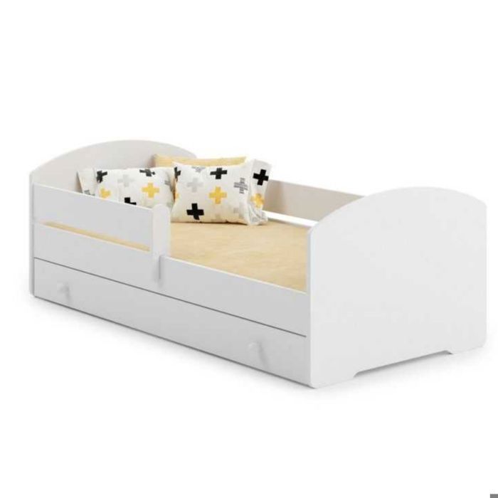 Cama infantil completa de 80x180 cm con colchón, somier de láminas, cajón de almacenamiento, barandilla de seguridad y cama infantil convertible. Color blanco.