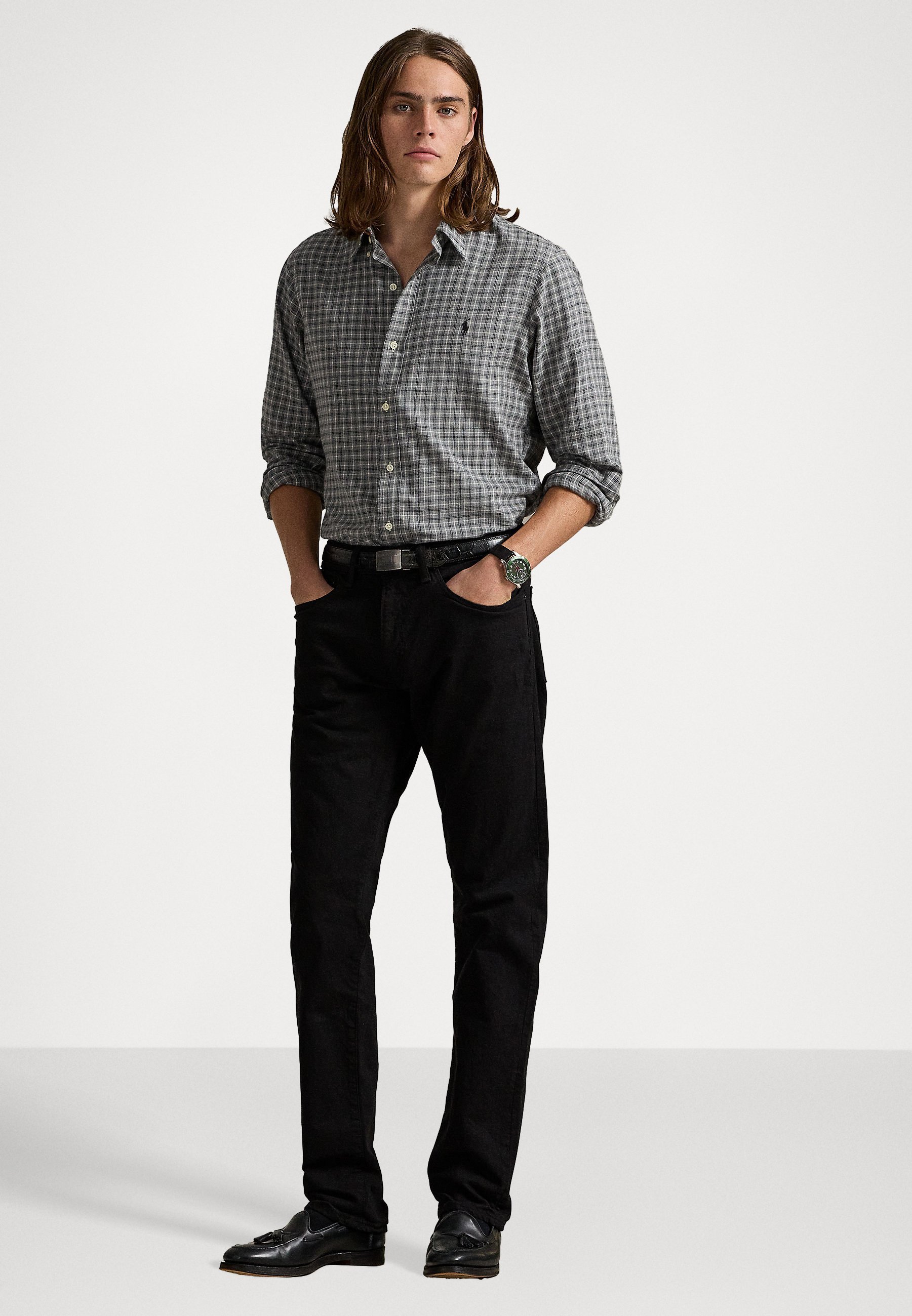 Chemise Polo Ralph Lauren coupe ajustée en sergé à carreaux - Gris clair chiné