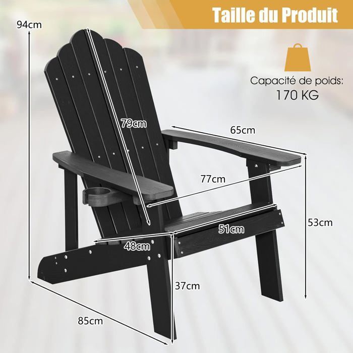 Silla de jardín Adirondack COSTWAY de madera maciza HIPS impermeable con portavasos, capacidad de carga de 170 kg para patio o piscina, color negro.