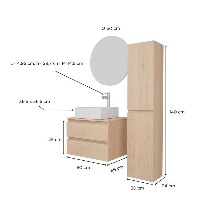 Single vanity unit (60 cm) + COMA basin + TAP tap + EMA mirror + SORRENTO column