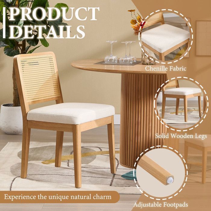 Chairus Eetkamerstoelenset van 2, Eetkamerstoelen, Keukenstoelen met Rotan Rugleuning voor Woonkamer, Chenille,