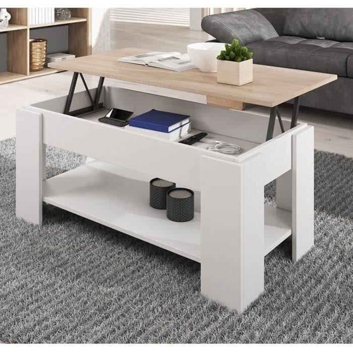 Tavolino da caffè con piano sollevabile - NICOLETA - Bianco e Sonoma - Rettangolare - Contemporaneo - Design