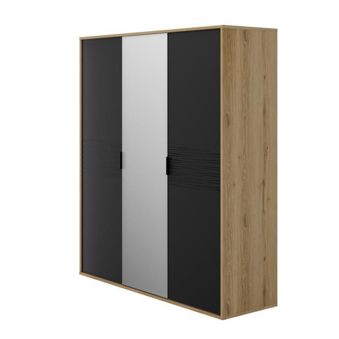 Armoire 3 portes effet bois noir mat avec miroir central