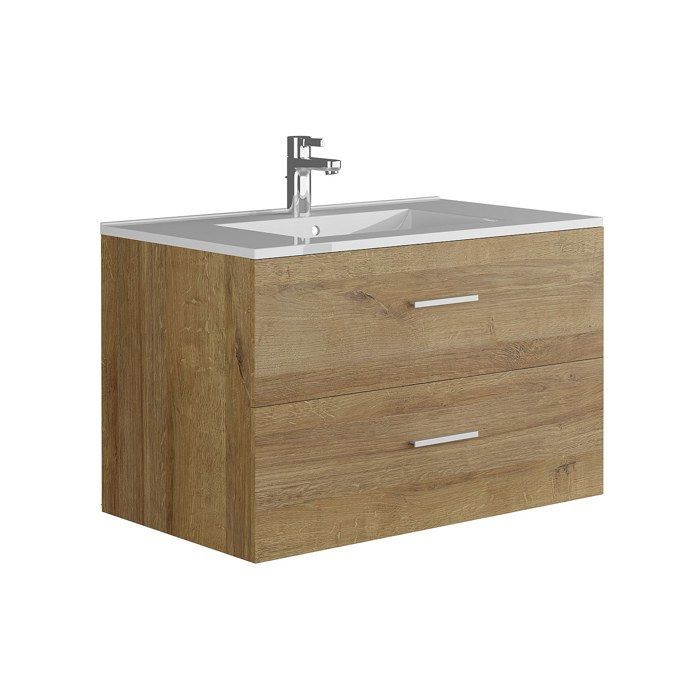 Wandhängender Waschtisch mit Einzelwaschbecken und Stauraumsäule – Helle Naturfarbe – 80 cm – KAYLA