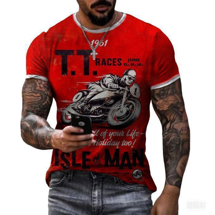 Men's T-shirt, printed biker t-shirt, casual crew neck t-shirt - Red