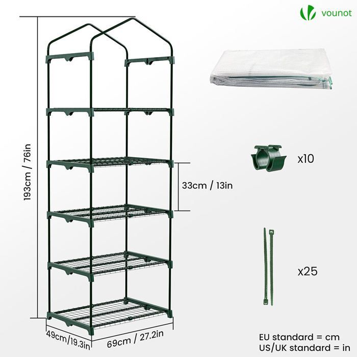 Invernadero de jardín VOUNOT® con 5 estantes - 69x49x193cm Blanco - Cubierta reforzada - Puerta enrollable con cremallera