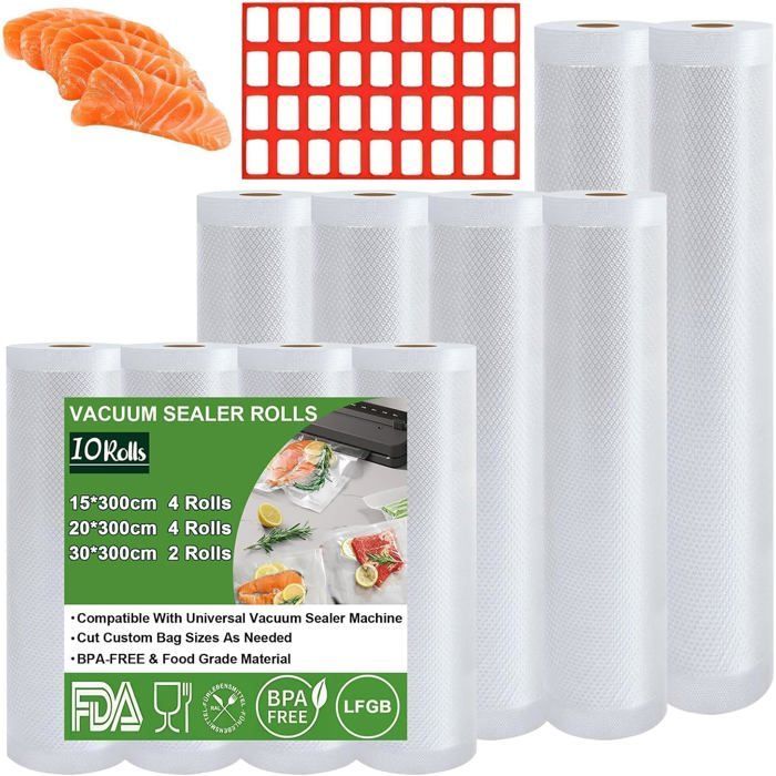 Bolsas para envasar al vacío alimentos, 10 rollos de 15x4/20x4/30x2/x300 cm, película para envasar al vacío alimentos, aprobada por la FDA, LFGB, rollo [MA248]