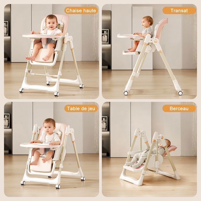 Cadeira alta conversível 4 em 1 para bebês, com 3 posições de reclinação, 5 posições de altura, rodas e função de balanço, ideal para bebês a partir de 3 meses.
