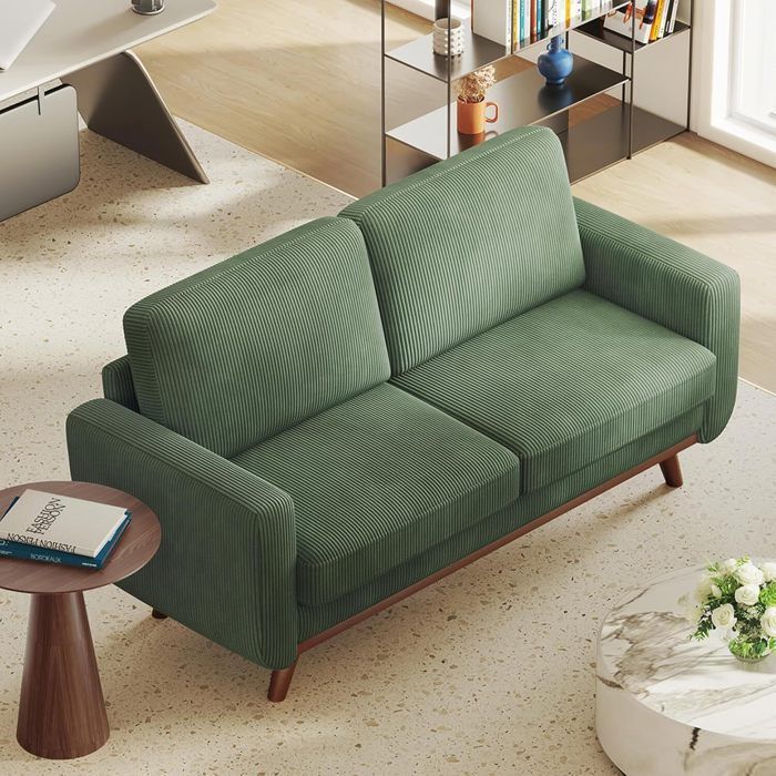 Sofá de 2 lugares em veludo cotelê, sofá fixo de 172 cm, estilo escandinavo moderno para sala de estar, apartamento e espaços pequenos, 172 x 76 x 88 cm, verde.