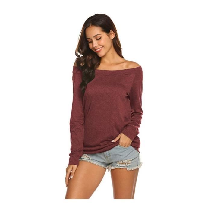 T-Shirt Femme Épaules Dénudées Manches Longues Col Bateau Casual Tee Shirt Lache Couleur Unie - Rouge