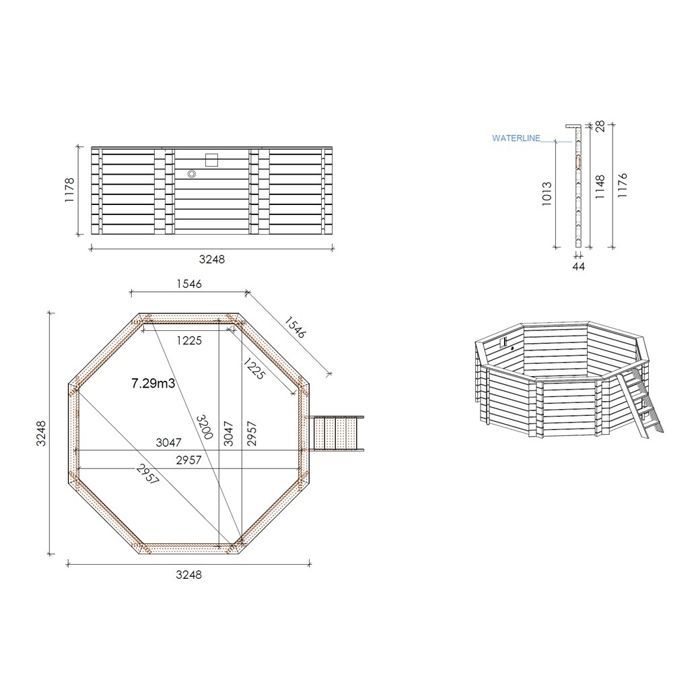 Coral 3.25x3.25m Wooden Swimming Pool - 1.18m Deep - BAS7301OSP