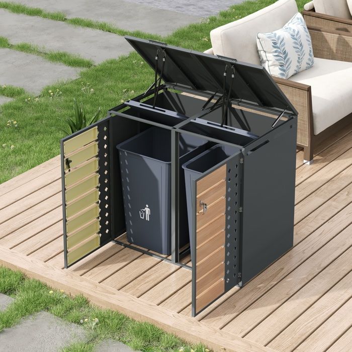 Cache Poubelles de Jardin pour 2 poubelles standard - Couvercle à Rabat - 2 Portes Verrouillables, Métal, Gris + Bois