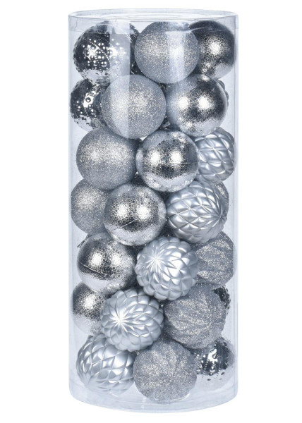 Zestaw 35 Bombek Różne Wzory Srebrne Glamour 6 cm