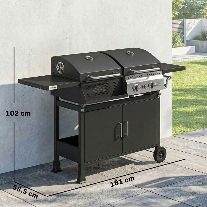Barbecue hybride gaz et charbon de bois - Outsunny - barbecue mixte 2 en 1 avec 3 brûleurs et feu latéral thermomètre - acier - noir