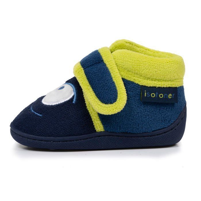Pantuflas Isotoner para bebé niño con cierre de velcro, buen soporte para el pie, suela antideslizante, azul marino.
