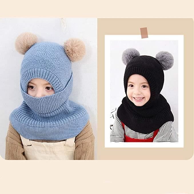 XJYDNCG Gorro Balaclava Infantil Unissex Fofo com Cachecol, Protetores de Orelha e Tricô, para o Inverno - Com Dois Pompons