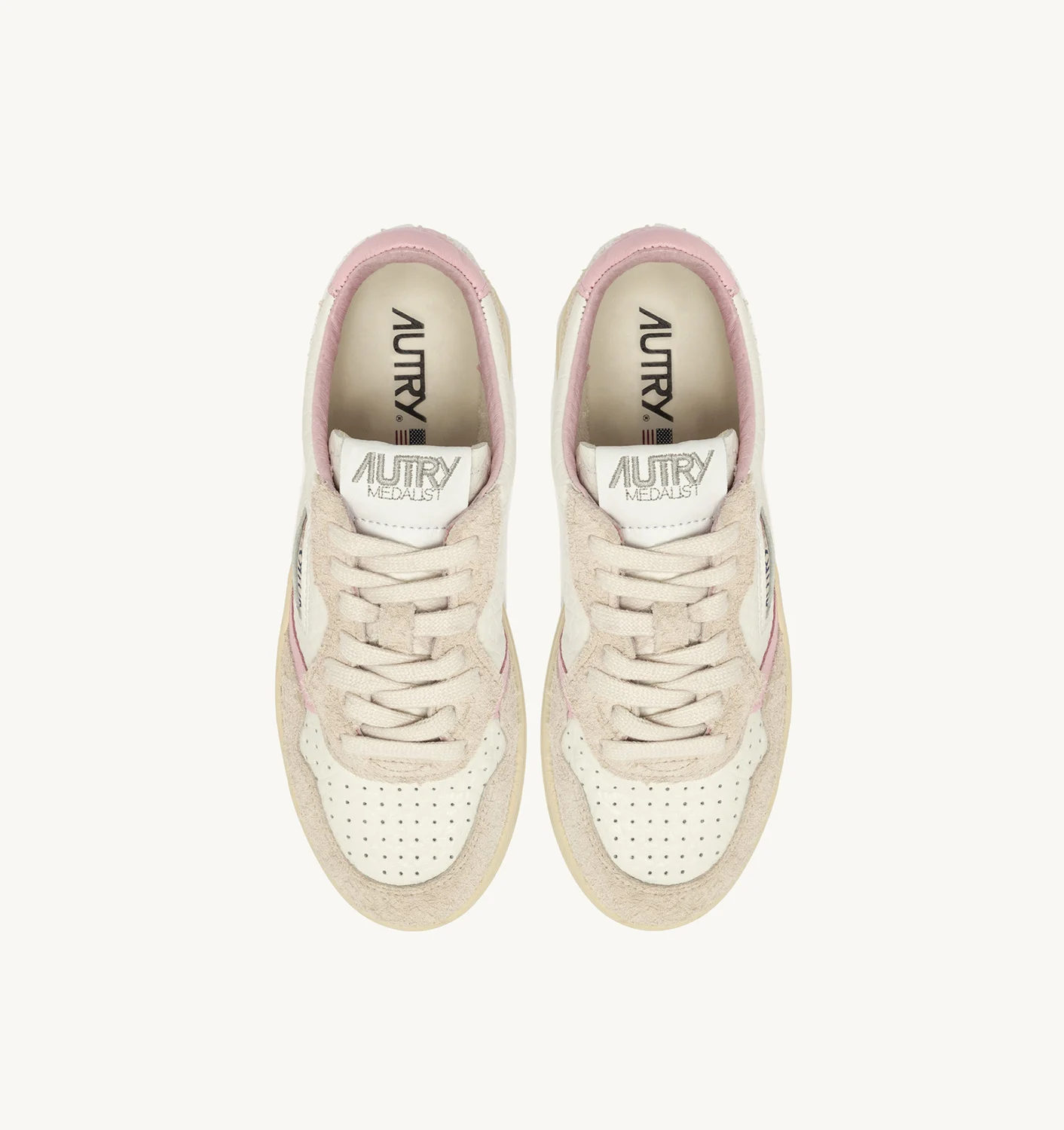 SNEAKERS MEDALIST LOW IN PELLE BICOLOR BIANCO E ROSA E SUEDE BEIGE EFFETTO HAIR