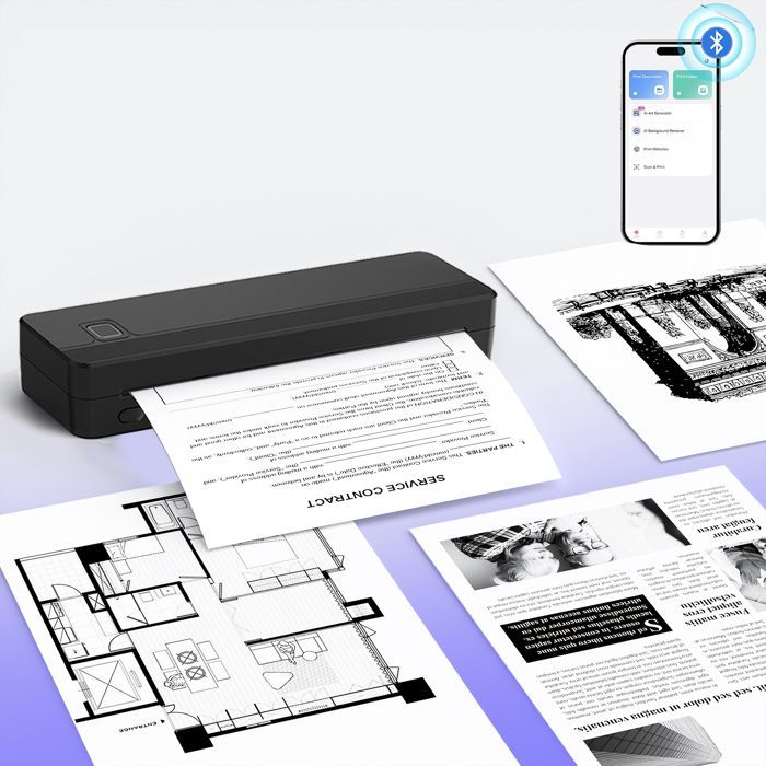 Imprimante Thermique A4 Portable sans Encre Bluetooth Papier Thermique A4 (210x297mm), 80mm, 203DPI Mini Scanner Imprimante
